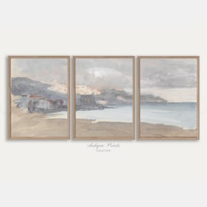 Set of 3 Watercolor Coastal Painting, Vintage Neutral Seascape 3 Pieces Wall Art, Antique Mediterranean Split Prints - PRINTABLE