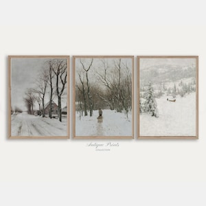 Winter Landscape 3 Pieces Painting Vintage, Antique Snowy Countryside Set of 3 Painting, Winter Theme Farmhouse Decor - PRINTABLE