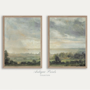 French Country Set of 2 Split Print, Country 2 Pieces Vintage Wall Art, Moody Painting, Neutral Landscape Print, Farmhouse Decor - PRINTABLE