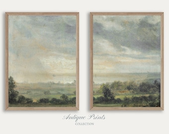 French Country Set of 2 Split Print, Country 2 Pieces Vintage Wall Art, Moody Painting, Neutral Landscape Print, Farmhouse Decor - PRINTABLE
