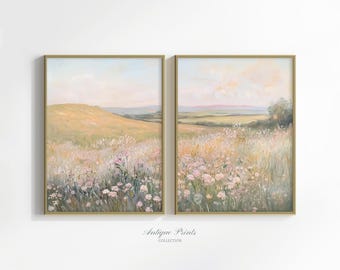 Floral Landscape Set of 2 Split Print, Printable French Country 2 Pieces Wall Art, Wildflower Painting, Neutral Farmhouse Decor - PRINTABLE