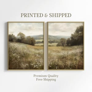 Wildflower Field Set of 2 Split Prints, Neutral Landscape 2 Pieces Mailed Wall Art, Country Painting, Rustic Farmhouse Decor, Canvas Art