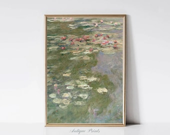 Green Neutral Painting, Ninfee Monet Print, Antique Country Painting, Vintage Summer Countryside Wall Art, Farmhouse Wall Decor - PRINTABLE