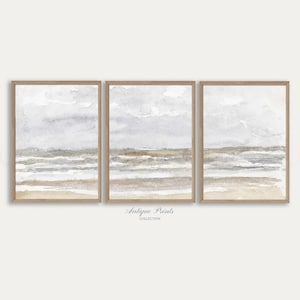 Muted Coastal Set of 3 Painting, Vintage Watercolor Seascape Art, Antique Abstract Landscape Print, Neutral Beach Cottage Decor - PRINTABLE