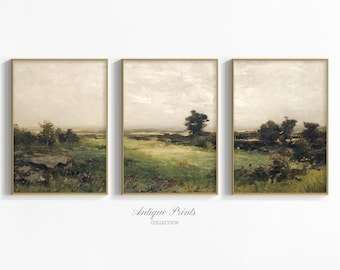 Moody 3 Pieces Vintage Wall Art, Vintage Country Painting, Landscape Set of 3 Split Print, Countryside Print, Farmhouse Decor - PRINTABLE