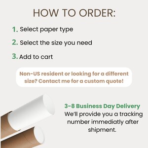 May include: How to order a print: select paper type, size, and add to cart.  Non-US residents can contact the seller for a custom quote.  The print will be shipped in a tube and a tracking number will be provided after shipment.  3-8 business day delivery.