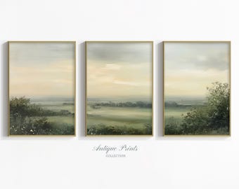 French Country Set of 3 Split Print, Country 3 Pieces Cottage Wall Art, Neutral Landscape Painting, Farmhouse Decor - PRINTABLE