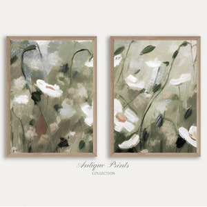 Neutral Wildflower Field Set of 2 Prints, Country 2 Pieces Vintage Wall Art, Landscape Painting, Split Print, Farmhouse Decor - PRINTABLE