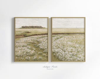 Set of 2 Spring Meadow Vintage Print, Antique Countryside Oil Painting, Landscape 2 Pieces Wall Art, Neutral Farmhouse Decor -  PRINTABLE