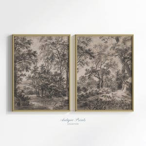 Landscape Sketch Art, Neutral Forest Prints Set of 2, Vintage Rustic Cottage Wall Art, Botanical Farmhouse Decor, Printable Digital Download