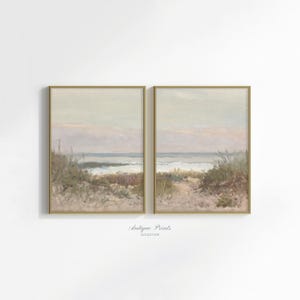 Neutral Seascape 2 Pieces Vintage Wall Art, Pastel Coastal Set of 2 Split Prints, Vintage Beach Painting, Beach Cottage Decor - PRINTABLE