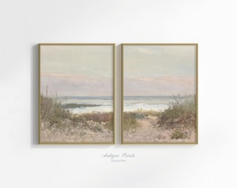 Neutral Seascape 2 Pieces Vintage Wall Art, Pastel Coastal Set of 2 Split Prints, Vintage Beach Painting, Beach Cottage Decor - PRINTABLE