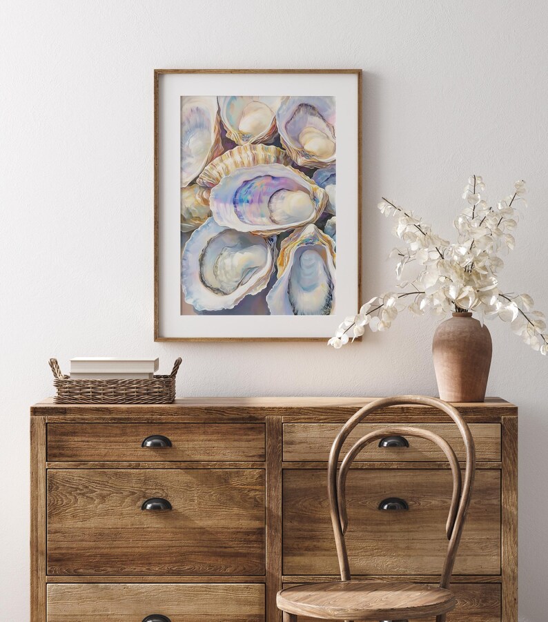Oysters Wall Art, Pastel Tropical Oil Painting, Coastal Digital Print, Ocean Wall Art, Beach Cottage Decor, Pastel Beach Art - PRINTABLE image 6