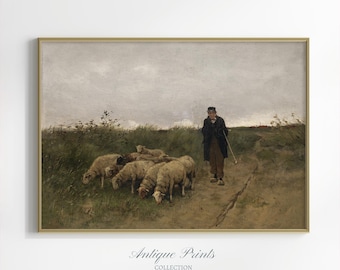 Antique Sheep Oil Painting, Country Farm Animal Print, Vintage Landscape Wall Art, English Farmhouse Wall Decor, PRINTABLE