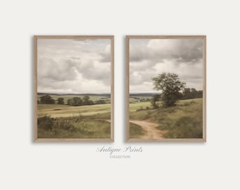 Ensemble de 2 impressions paysage neutre, peinture vintage country 2 pièces, art mural campagnard français, décoration de ferme rustique - imprimable