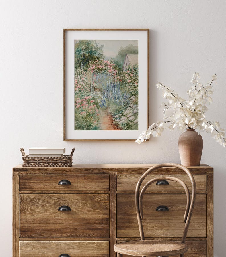 Flowers Garden Painting, Vintage Spring Cottage Wall Art, Antique Watercolor Flower Print, Floral Farmhouse Wall Decor - PRINTABLE image 3