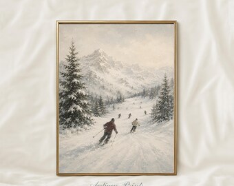 Vintage Skiing Scene Print, Snowy Winter Landscape Wall Art, Holiday Decor (Digital Download)