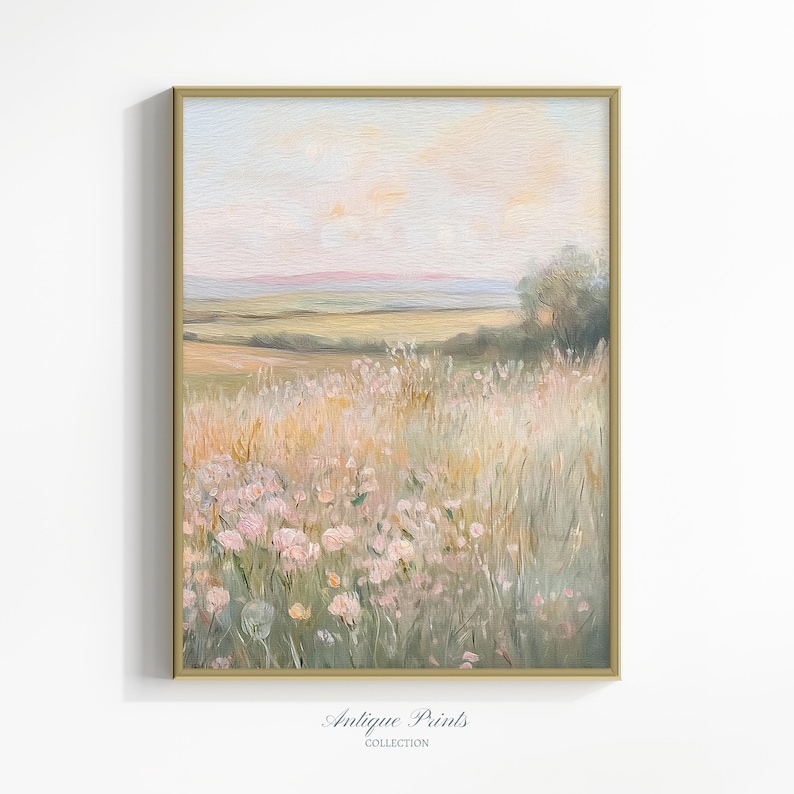 Floral Landscape Set of 2 Split Print, Printable French Country 2 Pieces Wall Art, Wildflower Painting, Neutral Farmhouse Decor - PRINTABLE image 4