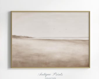 Gedempte kustschildering, vintage zeegezicht muurkunst, antieke strandlandschapsprint, neutraal strandhuisje decor - AFDRUKBAAR