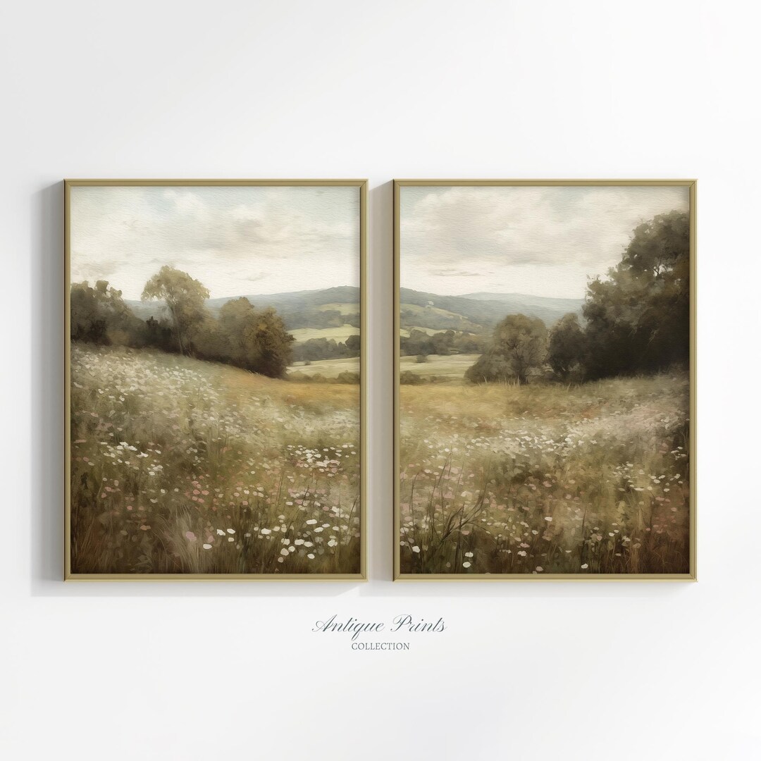 Wildflower Field Set of 2 Split Prints, Neutral Landscape 2 Pieces Wall ...