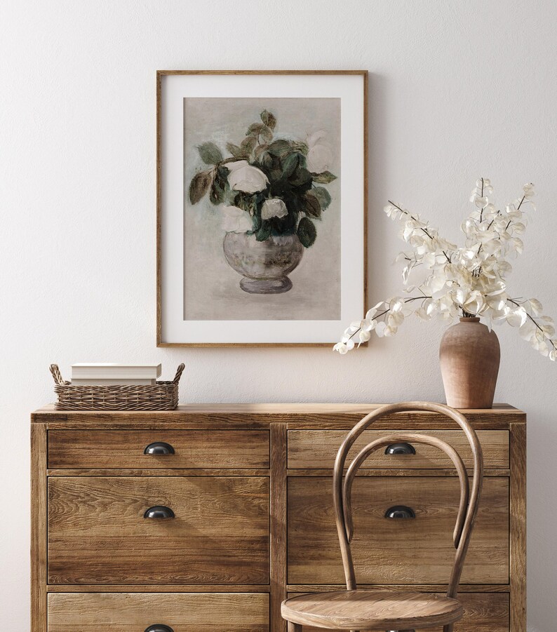 Sztuka ścienna z wazonem na kwiaty w stylu vintage, neutralny obraz martwej natury, antyczne kwiaty na ścianę, kwiatowy nadruk botaniczny, wystrój domu w stylu rustykalnym – DO DRUKU zdjęcie 7