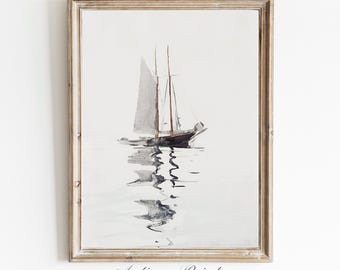 Segeln Vintage-Druck, Segelboot DIGITAL-Druck, Nautische Aquarellmalerei, Neutrale Seelandschaft, antike minimalistische feine Kunst