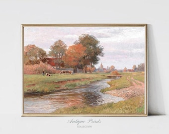 Antique Fall Landscape Painting, Autumn Countryside Vintage Wall Art, Autumn Moody Print, Antique Rustic Farmhouse Decor - PRINTABLE