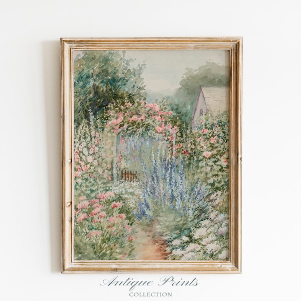 Flowers Garden Painting, Vintage Spring Cottage Wall Art, Antique Watercolor Flower Print, Floral Farmhouse Wall Decor - PRINTABLE