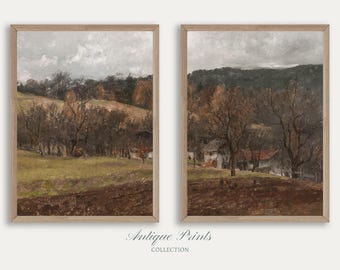 Autumn 2 Pieces Wall Art, Vintage Set of 2 Autumn Countryside Painting, Moody Fall Split Prints - Farmhouse Decor PRINTABLE