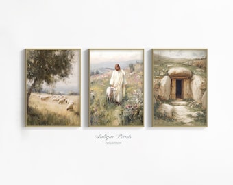 Arte mural cristiano imprimible: Arte con escenas bíblicas neutrales, Jesús de Pascua (juego de 3 impresiones) (descarga digital)