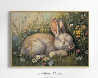 Easter Bunny Wall Art, Printable Floral Spring Print, Easter Rabbit Oil Painting, Spring Farmhouse Decor, Cottage core Art, Digital Download