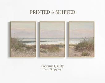 Coastal Prints Set of 3, Neutral Seascape Painting, Vintage Pastel Landscape Wall Art, Beach Decor, Mailed Art