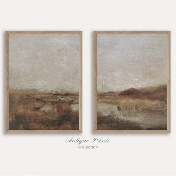 Landscape Oil Painting, Vintage Fall Countryside 2 Pieces Wall Art, Country Set of 2 Prints, Antique Rustic Farmhouse Decor - PRINTABLE