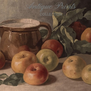Arte de pared de cocina de granja vintage, pintura al óleo de manzana, decoración rústica de cocina antigua, pintura de frutas, impresión de bodegón de manzana - IMPRIMIBLE imagen 3
