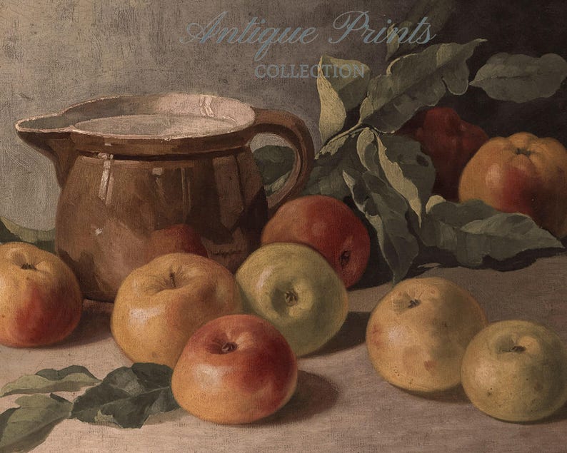 Arte de pared de cocina de granja vintage, pintura al óleo de manzana, decoración rústica de cocina antigua, pintura de frutas, impresión de bodegón de manzana - IMPRIMIBLE imagen 3