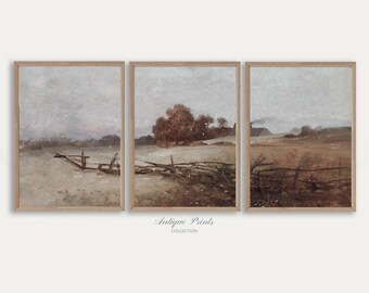 Vintage Fall 3 Pieces Wall Art, Set of 3 Autumn Countryside Painting, Farmhouse Decor, Fall Landscape Split Prints - PRINTABLE