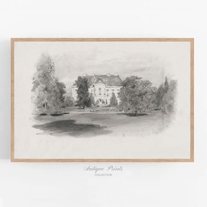 Neutral Landscape Sketch Art,  Vintage Cottage Drawing, Antique Nature Print, Neutral Country Sketch, Rustic Farmhouse Decor - PRINTABLE