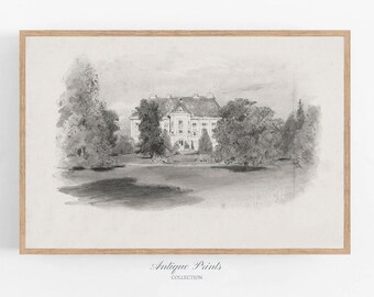 Neutral Landscape Sketch Art,  Vintage Cottage Drawing, Antique Nature Print, Neutral Country Sketch, Rustic Farmhouse Decor - PRINTABLE