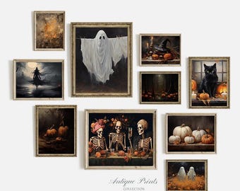 Moody Halloween Gallery Wall Set, Dark Set of 10 Painting, Spooky Halloween Decor, Funny Halloween Art, Skeleton Wall Art - PRINTABLE