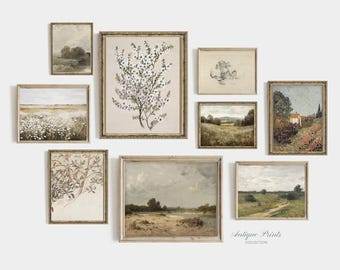 Neutral Landscape Gallery Wall Set, Countryside Set of 9 Fine Art Prints, Vintage Green Wall Art, Spring Cottage Decor, Mailed Art Print