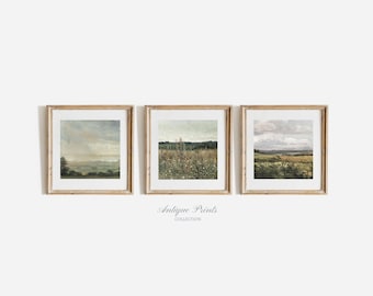 Landscape Prints Set of 3, Country Square Prints, Wildflower Painting, French Country 3 Pieces Wall Art, Farmhouse Decor, Mailed Unframed