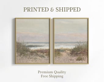 Neutral Seascape 2 Pieces Vintage Wall Art, Pastel Coastal Set of 2 Split Prints, Beach Painting, Beach Cottage Decor, Mailed Art Print