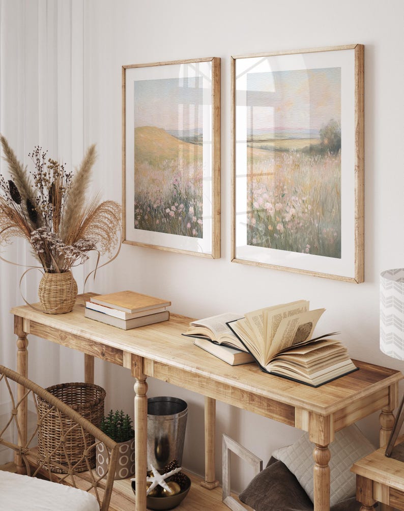 Floral Landscape Set of 2 Split Print, Printable French Country 2 Pieces Wall Art, Wildflower Painting, Neutral Farmhouse Decor - PRINTABLE image 2