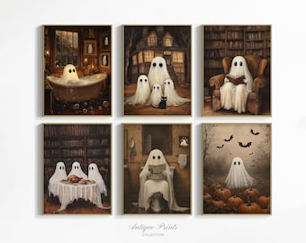 Printable Halloween Gallery Set, Cute Ghosts Set of 6 Prints, Fall Painting, Halloween Decor, Farmhouse Spooky Wall Set, Downloadable Prints