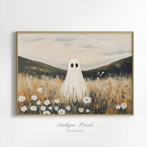 Cute Ghost in Wildflower Field Wall Art, Fall Spooky Halloween Print, Autumn Forest Landscape Painting, Ghost Halloween Decor, PRINTABLE