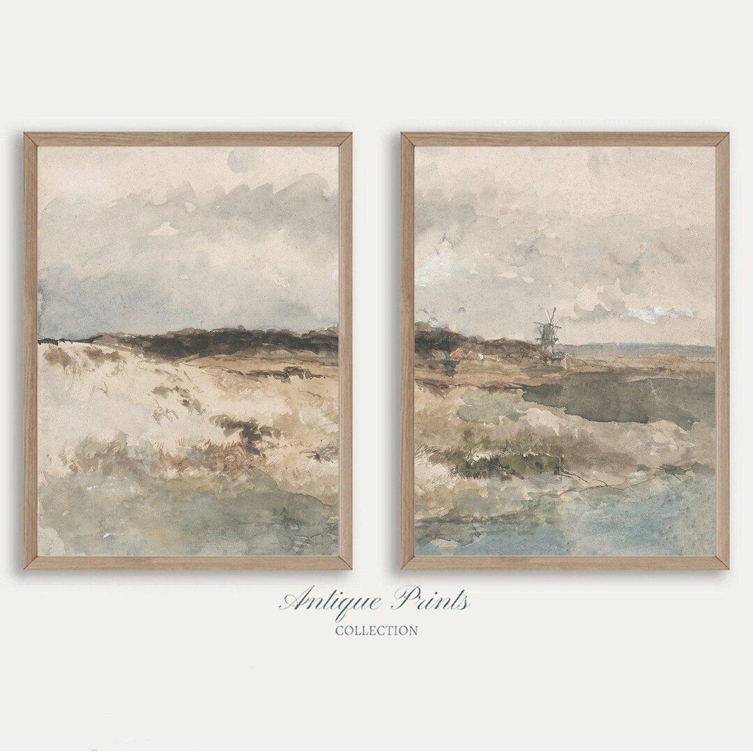 Vintage Coastal Set of 2 Painting, Muted Watercolor Seascape Wall Art ...