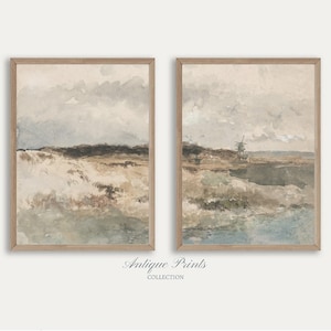 Vintage Coastal Set of 2 Painting, Muted Watercolor Seascape Wall Art, Antique Beach Landscape Print, Neutral Cottage Decor - PRINTABLE