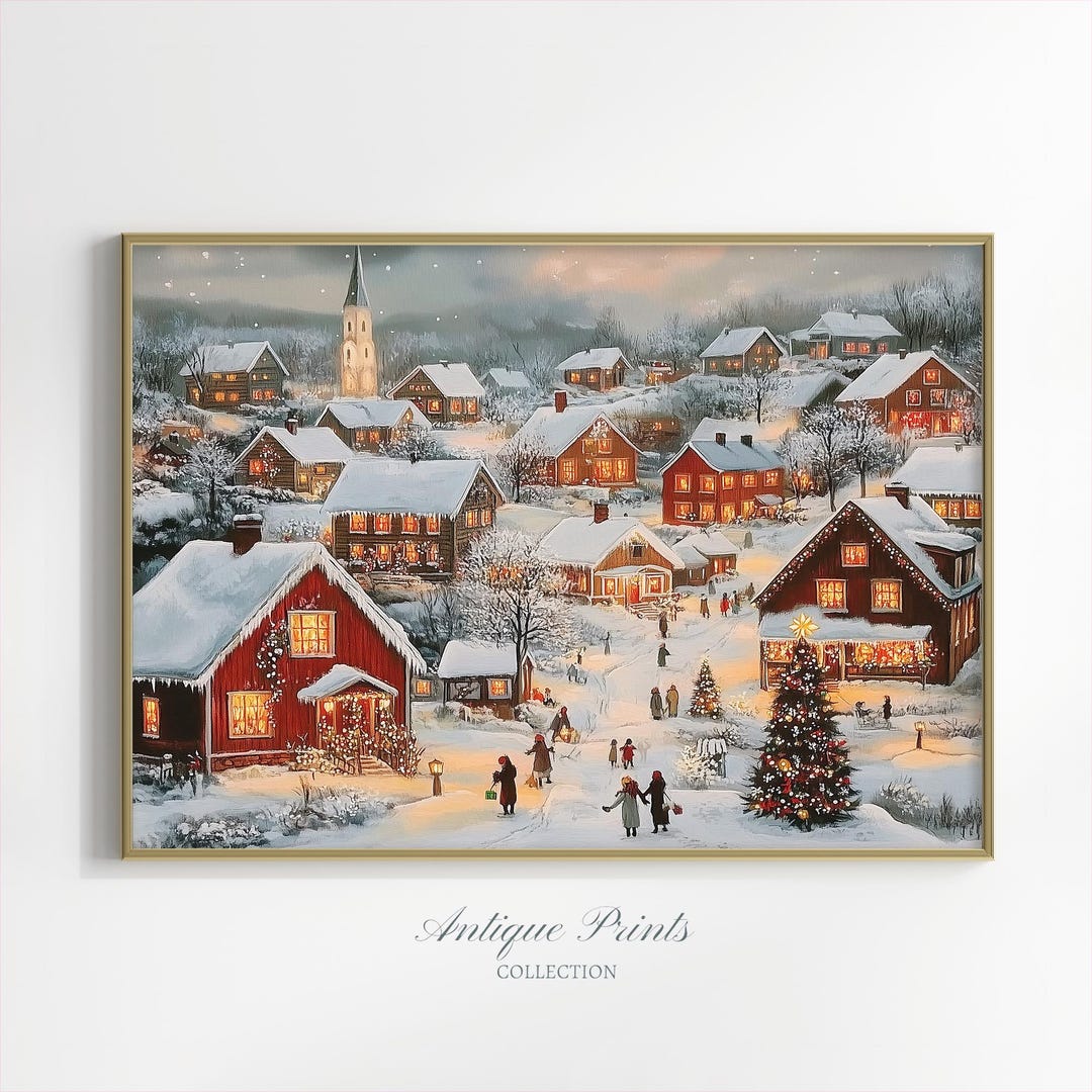 Printable Christmas Wall Art, Oil Painting of a Christmas Village ...