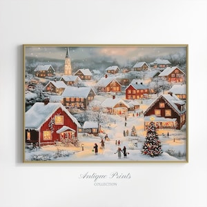 Printable Christmas Wall Art, Oil Painting of a Christmas Village, Seasonal Christmas Decor, Farmhouse Wall Art, Digital Download
