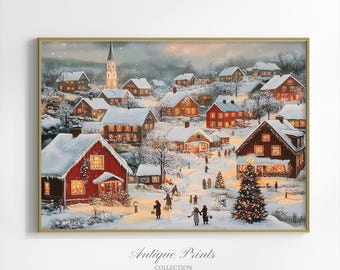 Printable Christmas Wall Art, Oil Painting of a Christmas Village, Seasonal Christmas Decor, Farmhouse Wall Art, Digital Download
